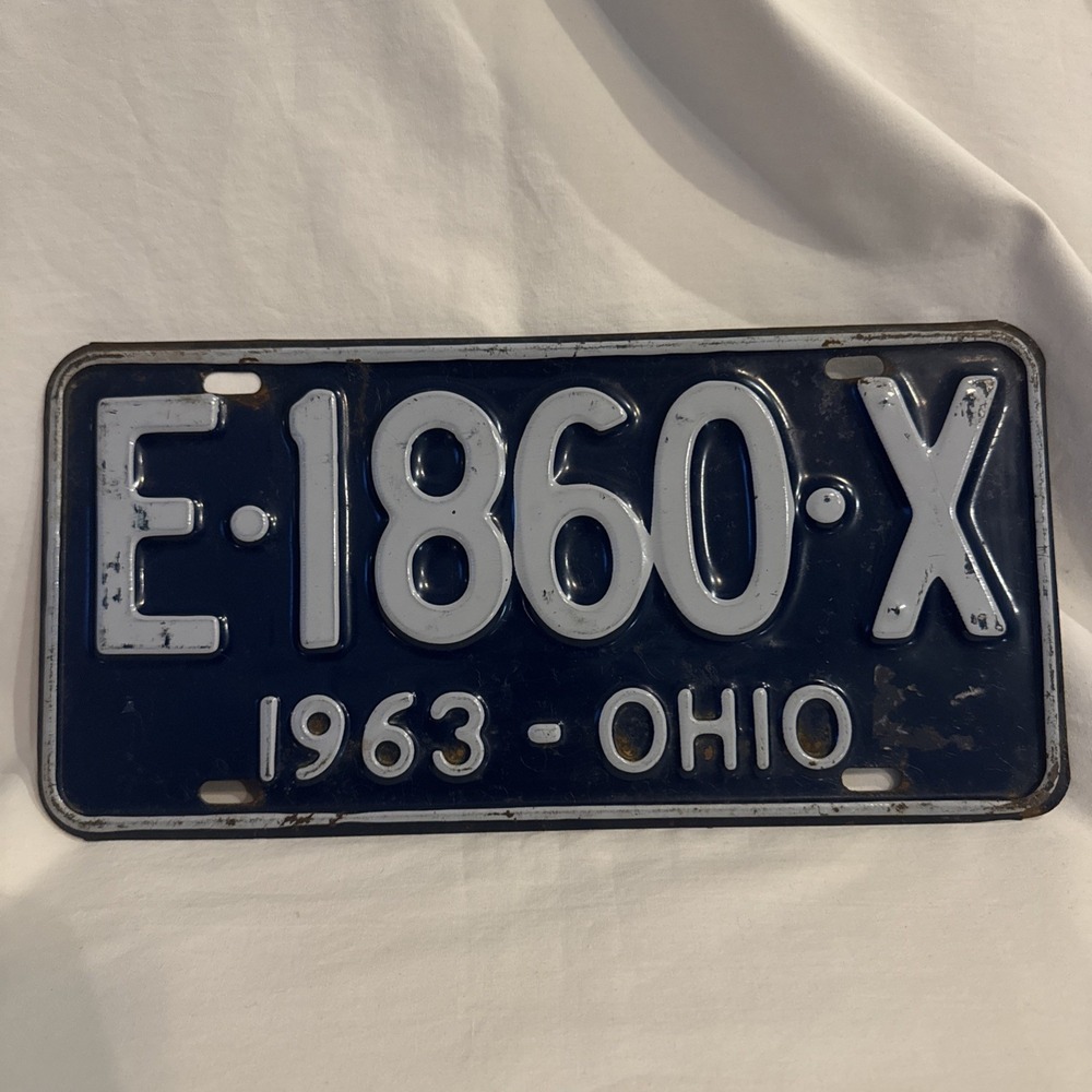 Vintage 1963 Ohio License Plate Blue White E1860X Cobalt Blue